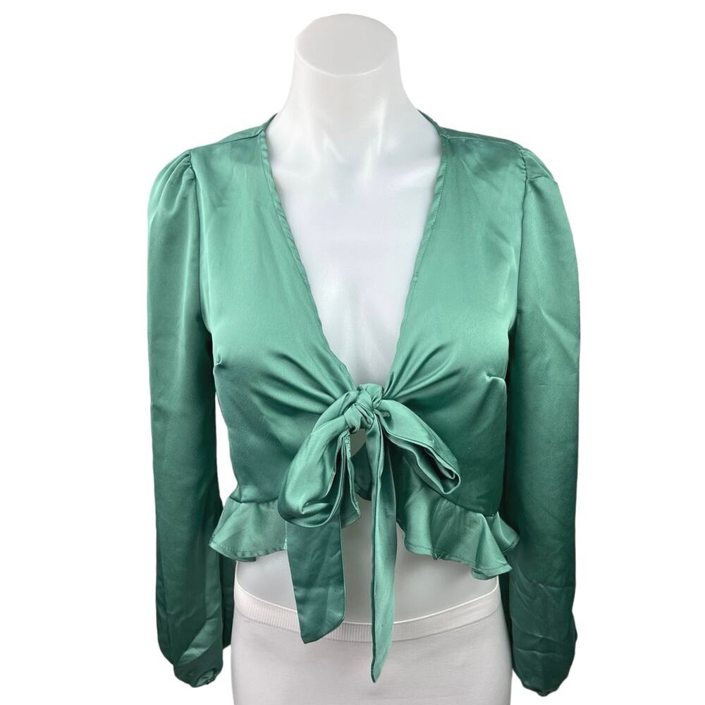 Sage The Label Green Silk Satin Peplum Tie Long Sleeve V-Neck Crop Top Blouse S